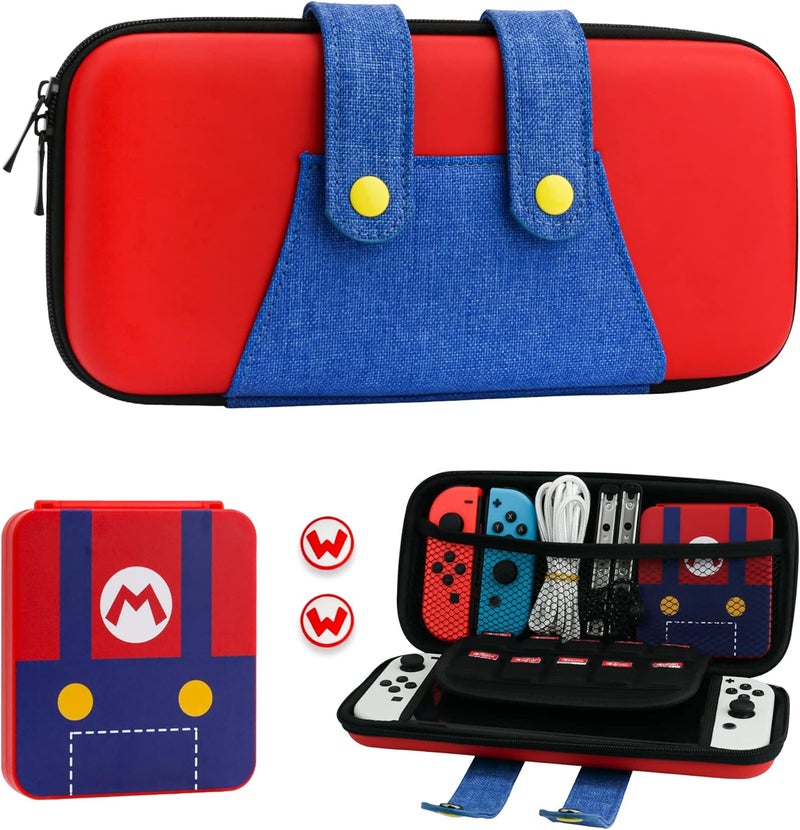 F'DIARY Travel Carrying Case for Nintendo Switch and Switch OLED with Super Mario Design, Red and Blue Accessories Bundle for Switch Console with Portable Storage Bag, Game Card Case and 2 Thumb Caps - Image 1